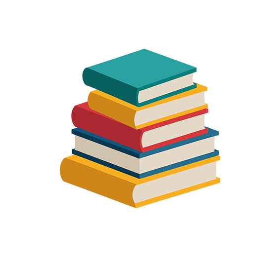 A pile of 5 books coloured green, yellow, red and blue
